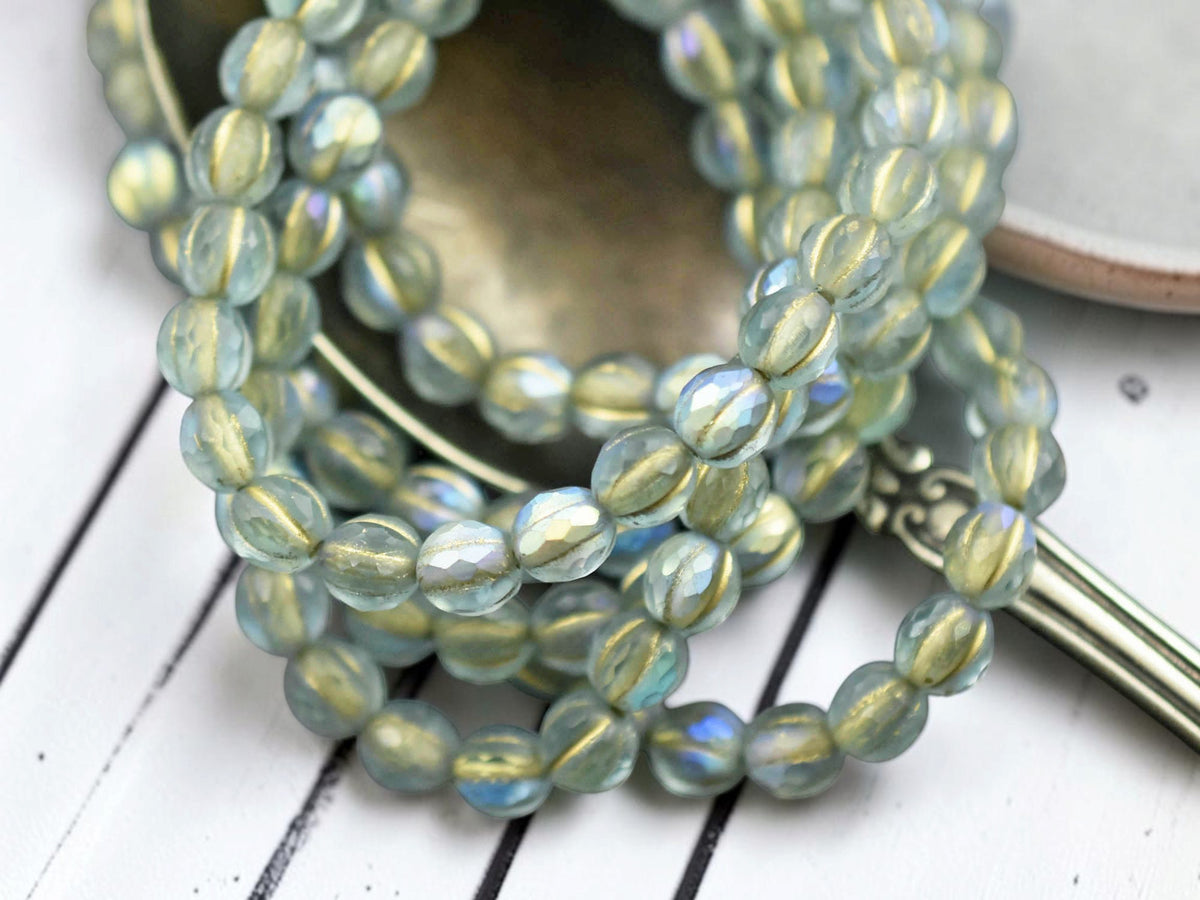 *25* 6mm Gold Washed Matte Blue Aqua AB Faceted Round Melon Beads