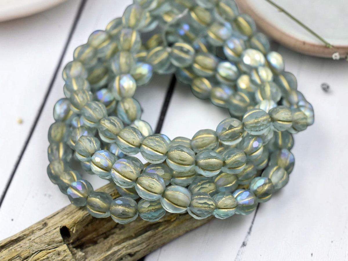 *25* 6mm Gold Washed Matte Blue Aqua AB Faceted Round Melon Beads