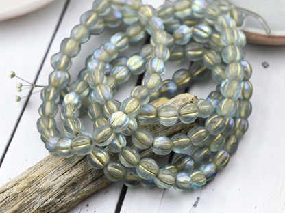 *25* 6mm Gold Washed Matte Blue Aqua AB Faceted Round Melon Beads