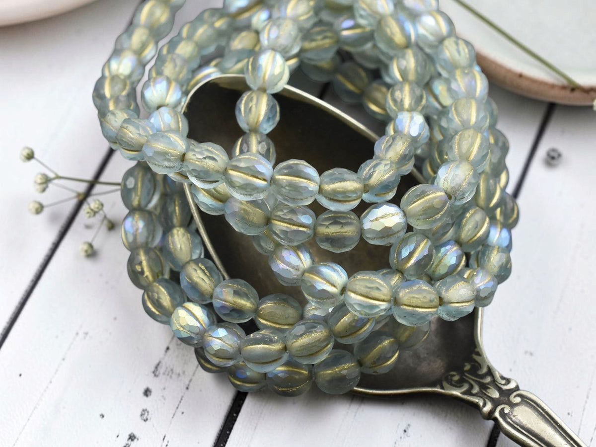*25* 6mm Gold Washed Matte Blue Aqua AB Faceted Round Melon Beads