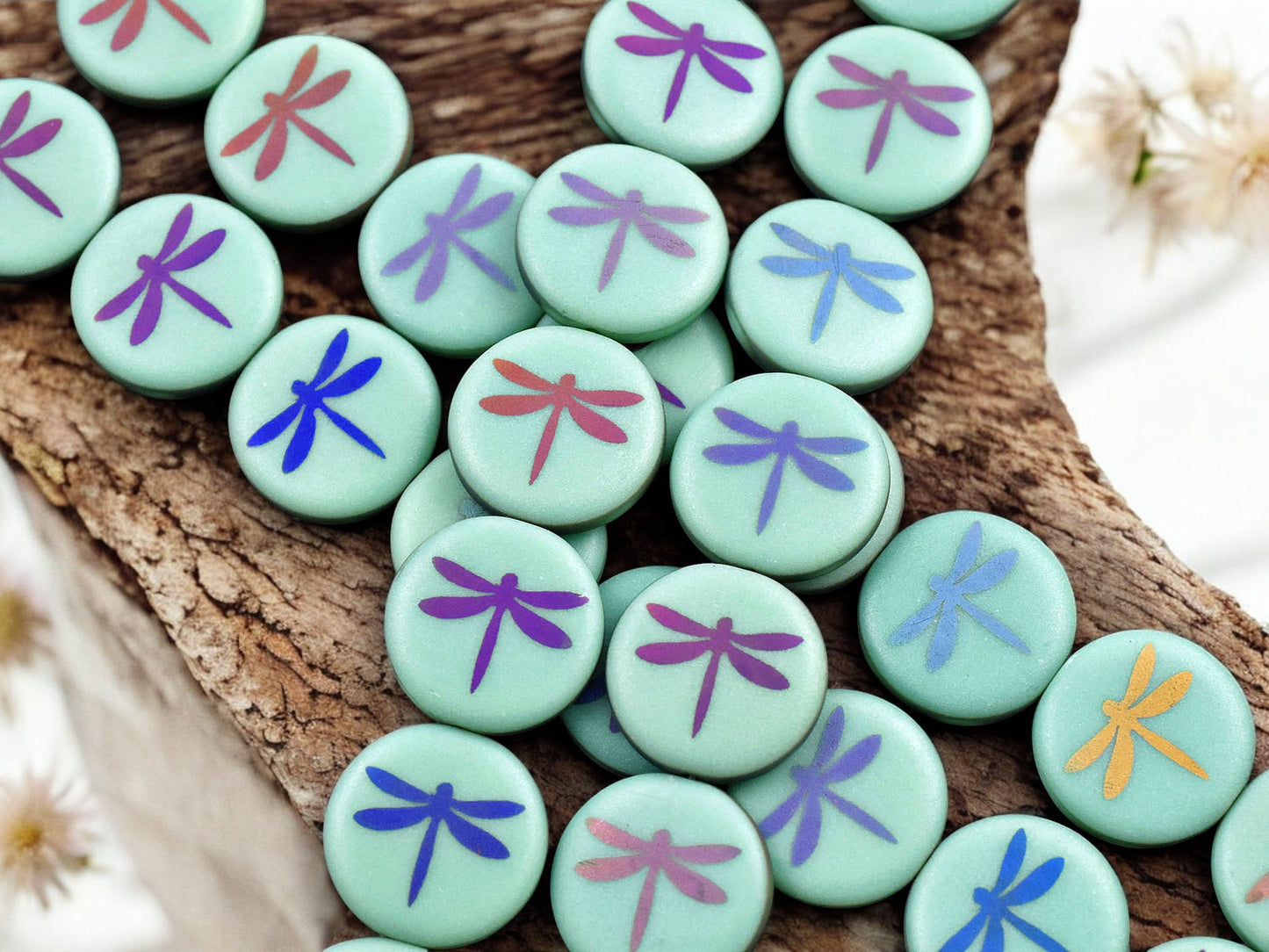 *8* 16mm Etched Matte Satin Turquoise Metallic Iris Dragonfly Coin Beads