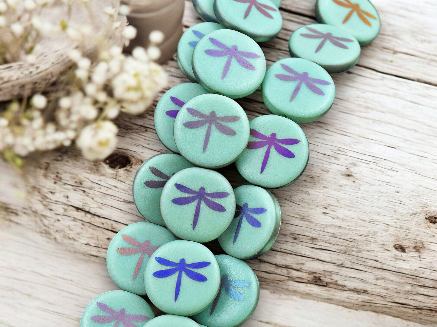 *8* 16mm Etched Matte Satin Turquoise Metallic Iris Dragonfly Coin Beads
