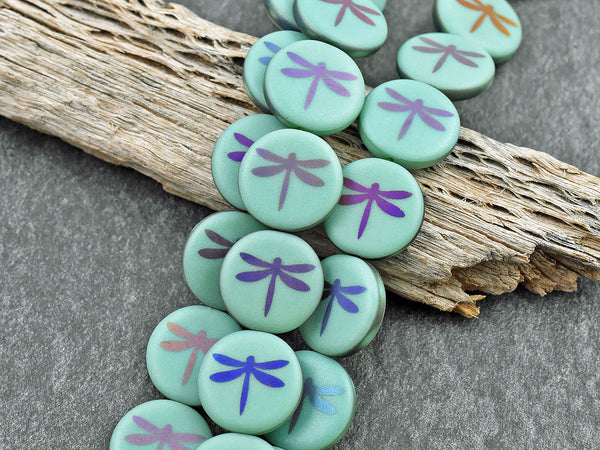 *8* 16mm Etched Matte Satin Turquoise Metallic Iris Dragonfly Coin Beads