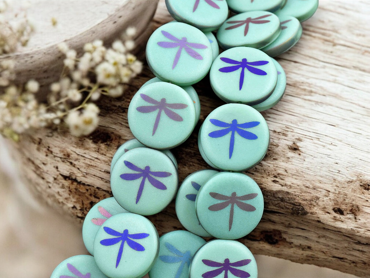 *8* 16mm Etched Matte Satin Turquoise Metallic Iris Dragonfly Coin Beads