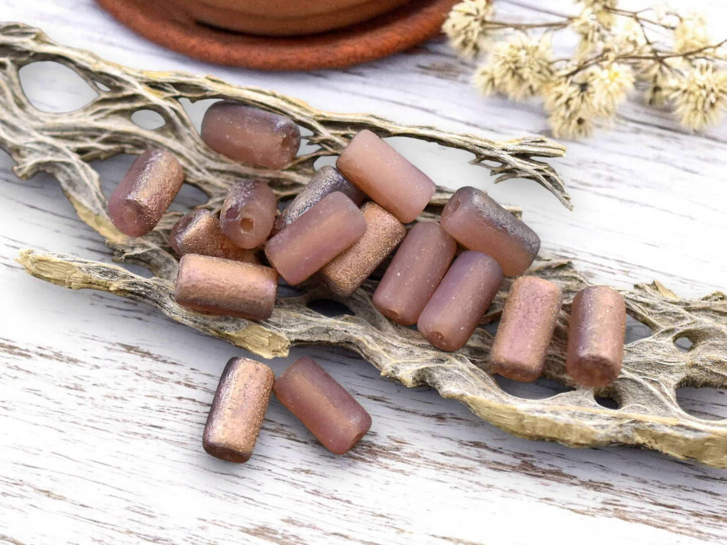 *16* 9x5mm Copper Washed Etched Salmon Tube Beads