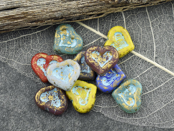 *10* 14x12mm Gold & Turquoise Washed Mixed Heart Beads