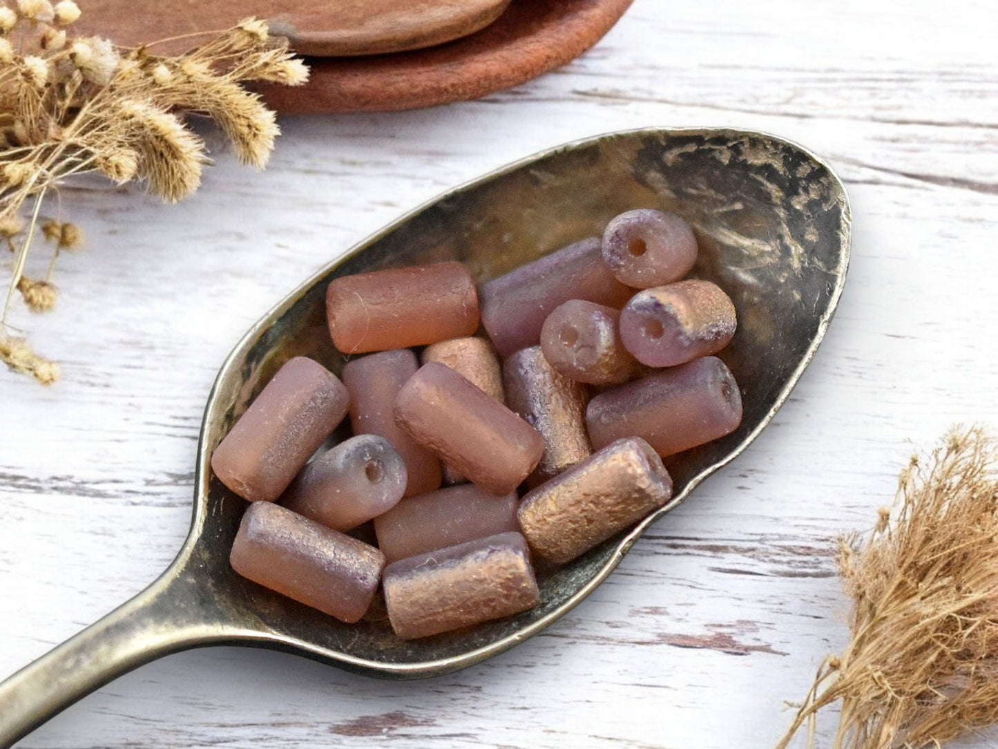 *16* 9x5mm Copper Washed Etched Salmon Tube Beads