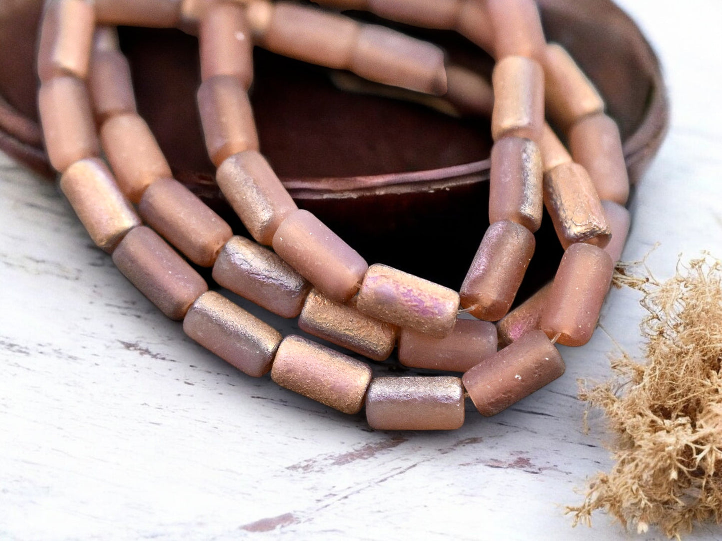 *16* 9x5mm Copper Washed Etched Salmon Tube Beads