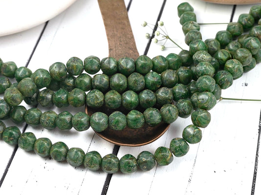 *26* 8x7mm Rustic Dark Green Picasso Dented Round Beads