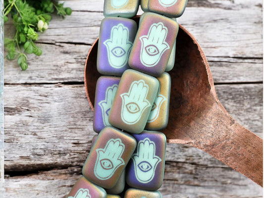 *6* 12x18mm Matte Turquoise Sliperit Laser Etched Hamsa Design Rectangle Beads