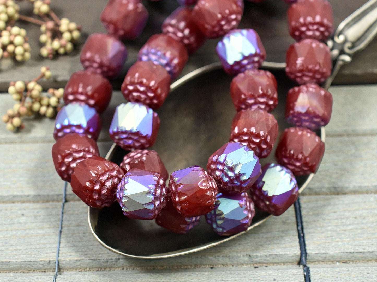 *15* 8mm Metallic Pink Washed Ruby Red AB Fire Polished Cathedral Beads
