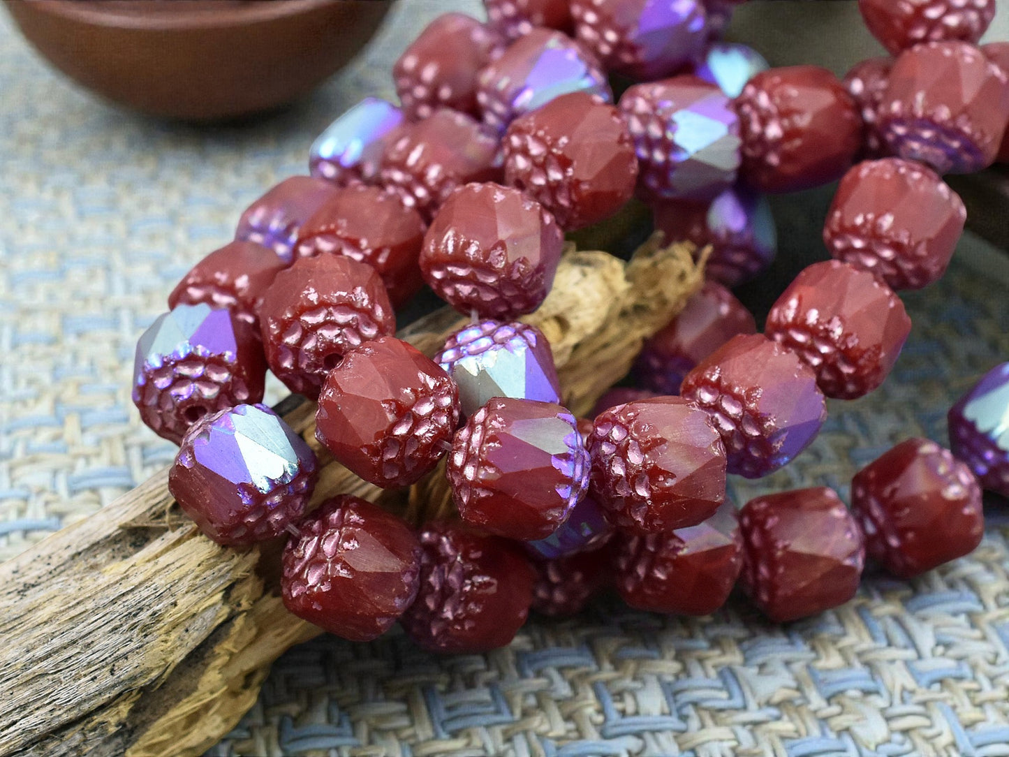 *15* 8mm Metallic Pink Washed Ruby Red AB Fire Polished Cathedral Beads