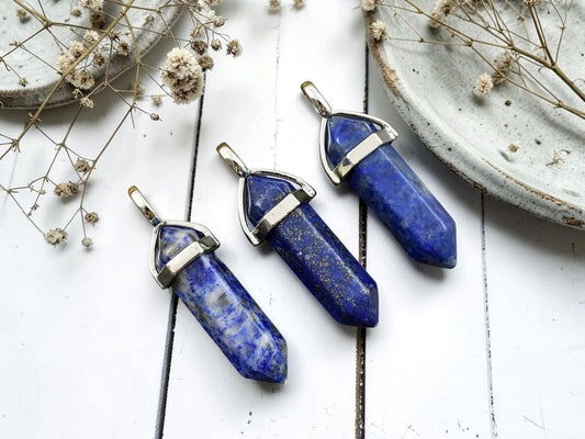 40mm Platinum Tone Natural Lapis Lazuli Double Terminated Bullet Pendant