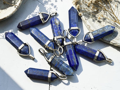 40mm Platinum Tone Natural Lapis Lazuli Double Terminated Bullet Pendant