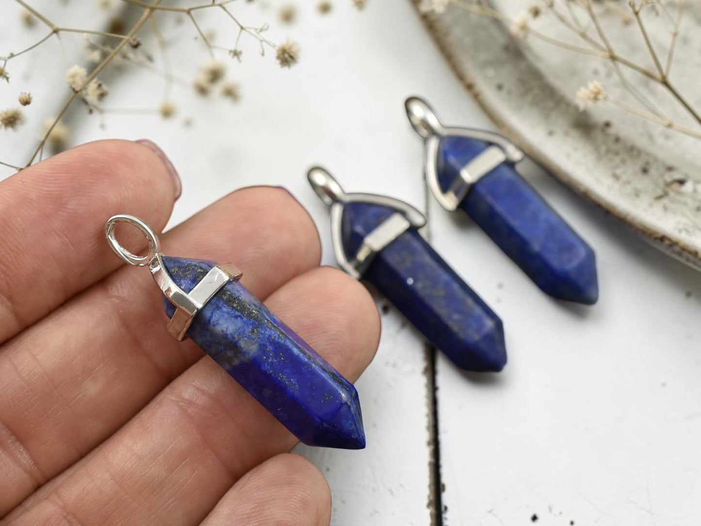 40mm Platinum Tone Natural Lapis Lazuli Double Terminated Bullet Pendant