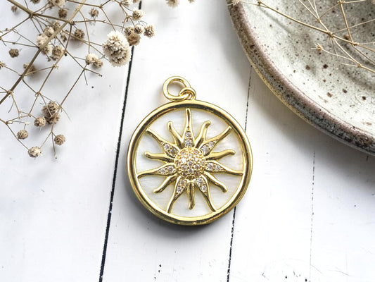24x22mm Gold Micro Pave Cubic Zirconia & Shell Sun Medallion Pendant