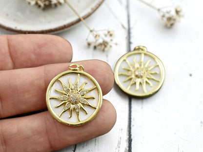 24x22mm Gold Micro Pave Cubic Zirconia & Shell Sun Medallion Pendant