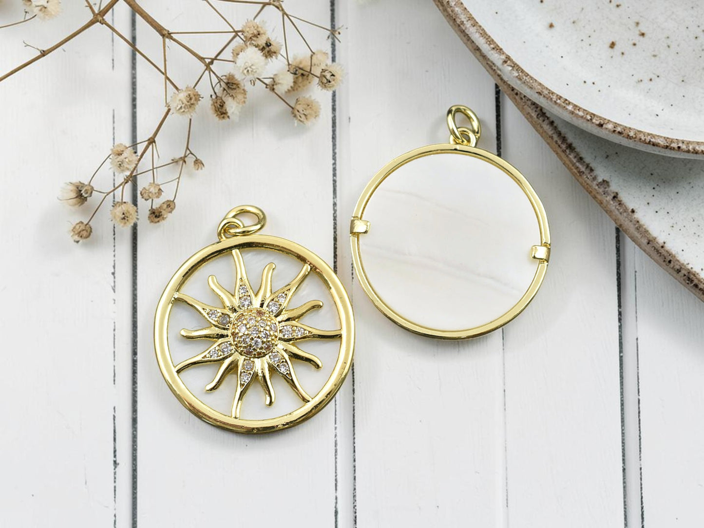 24x22mm Gold Micro Pave Cubic Zirconia & Shell Sun Medallion Pendant