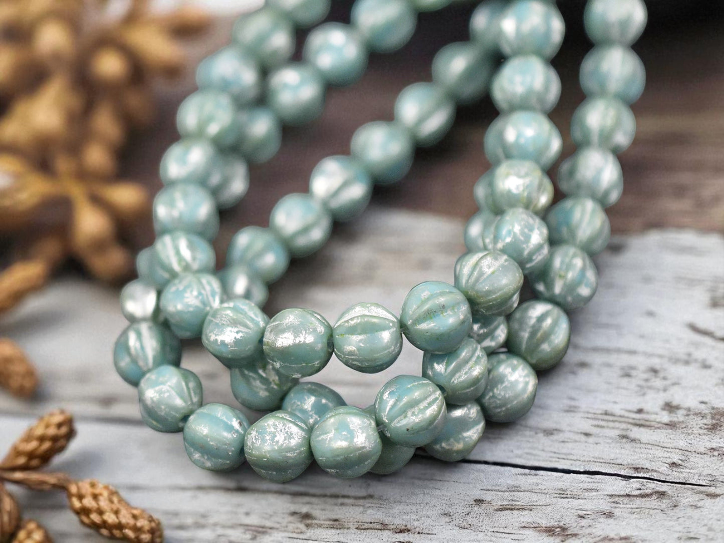 *25* 6mm Blue Turquoise Picasso Fluted Round Melon Beads