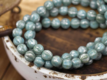 *25* 6mm Blue Turquoise Picasso Fluted Round Melon Beads