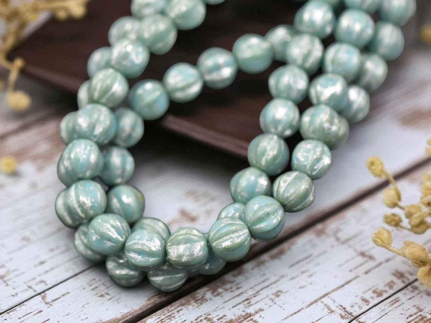 *25* 6mm Blue Turquoise Picasso Fluted Round Melon Beads