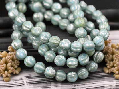 *25* 6mm Blue Turquoise Picasso Fluted Round Melon Beads