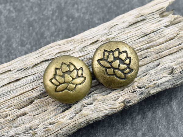 *10* 14mm Antique Bronze Lotus Flower Design Coin Beads