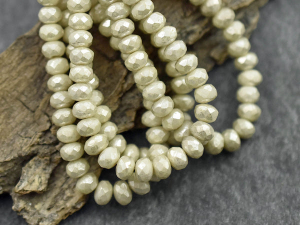 *30* 3x5mm Silver Mercury Washed Opaque Ivory Fire Polished Rondelle Beads