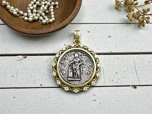 29x26mm 18k Gold Plated Brass Micro Pave Cubic Zirconia Greek Coin Pendant
