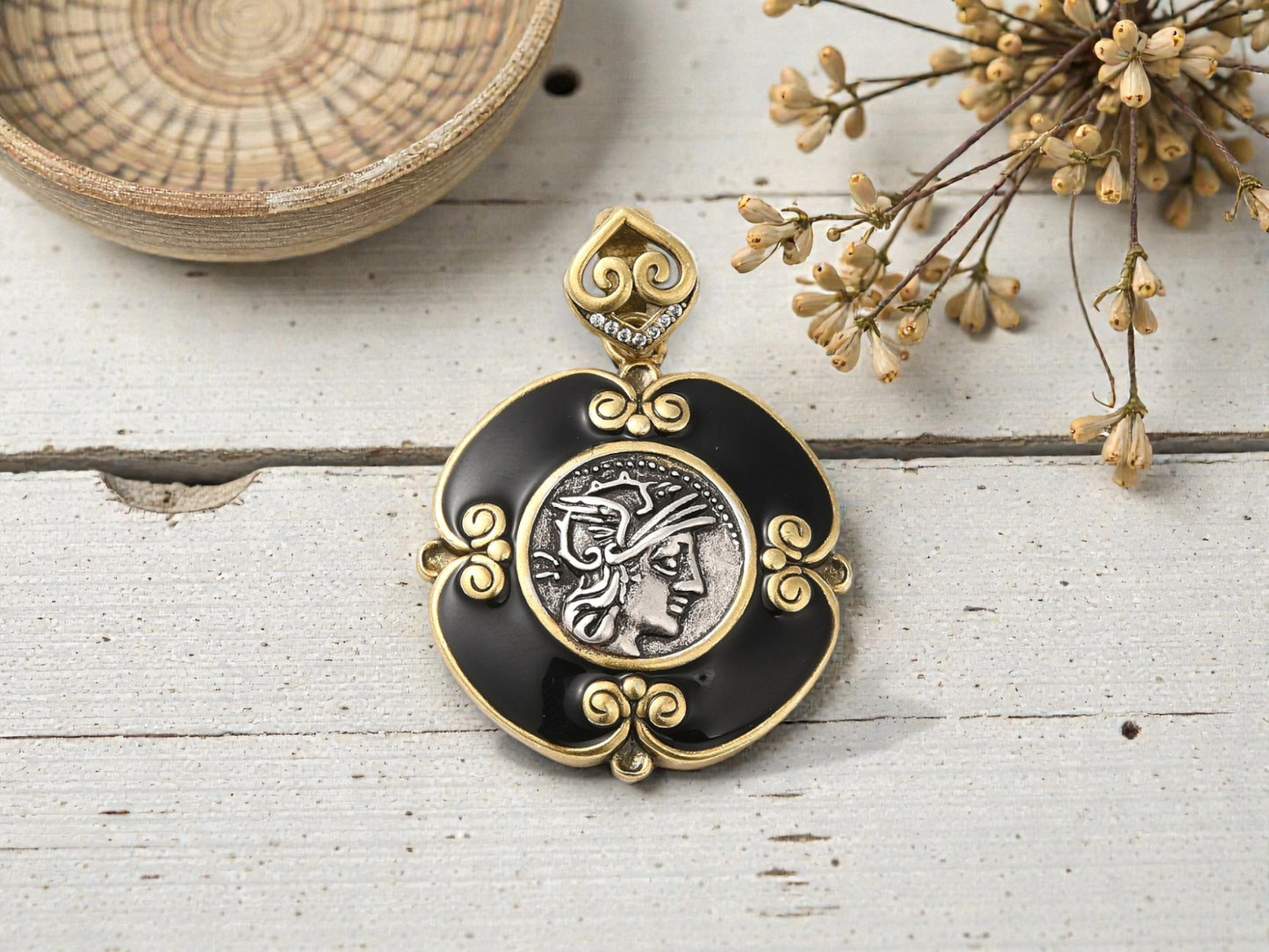 35x31mm Gold Plated Brass w/Cubic Zirconia & Enamel Roman Coin Replica Pendant