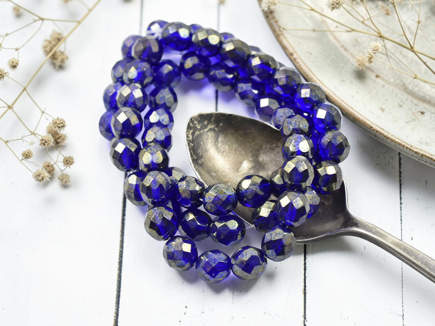 *20* 8mm Gold Lustered Cobalt Fire Polished Round Beads