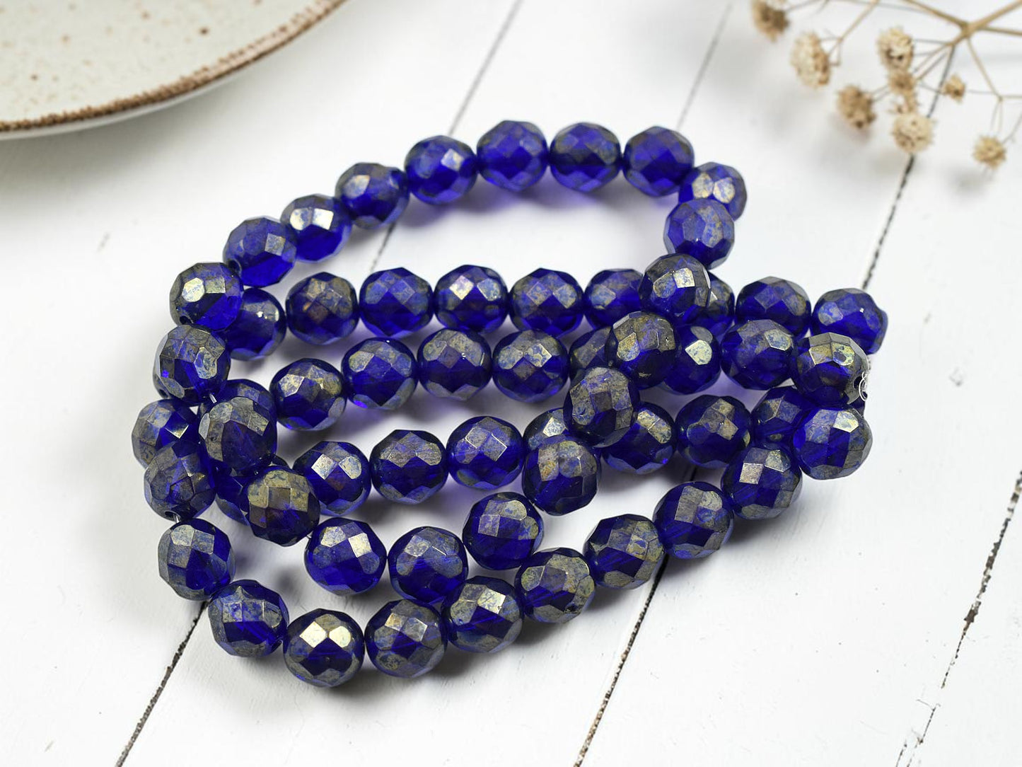 *20* 8mm Gold Lustered Cobalt Fire Polished Round Beads