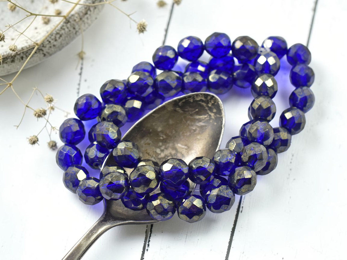 *20* 8mm Gold Lustered Cobalt Fire Polished Round Beads