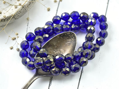 *20* 8mm Gold Lustered Cobalt Fire Polished Round Beads