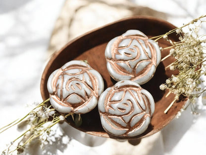 *6* 17mm Copper Washed Alabaster Luster Rose Flower Coin Beads