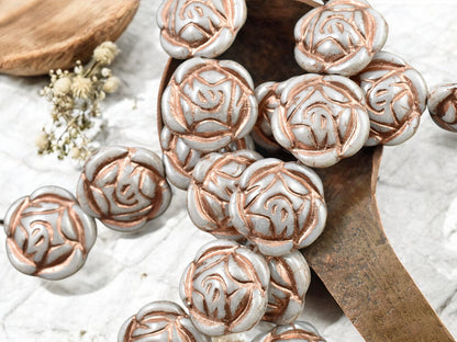 *6* 17mm Copper Washed Alabaster Luster Rose Flower Coin Beads