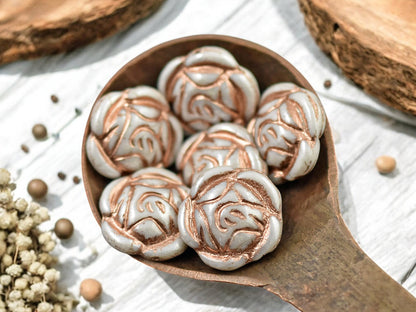 *6* 17mm Copper Washed Alabaster Luster Rose Flower Coin Beads