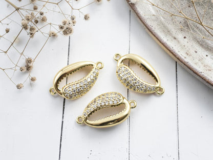 *5* 21x11mm 18k Gold Plated Micro Pave Cubic Zirconia Cowrie Shell Connectors