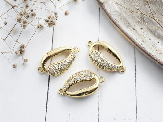 *5* 21x11mm 18k Gold Plated Micro Pave Cubic Zirconia Cowrie Shell Connectors