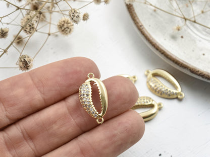 *5* 21x11mm 18k Gold Plated Micro Pave Cubic Zirconia Cowrie Shell Connectors