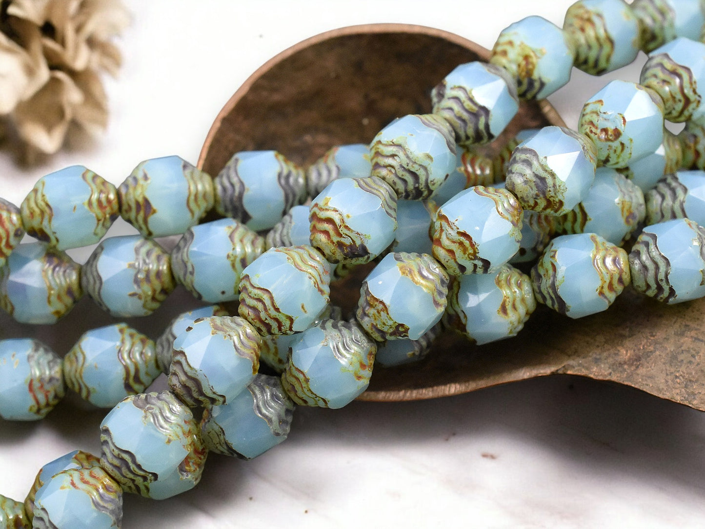 *15* 10x8mm Aqua Opaline Picasso Turbine Beads