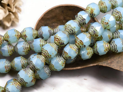 *15* 10x8mm Aqua Opaline Picasso Turbine Beads