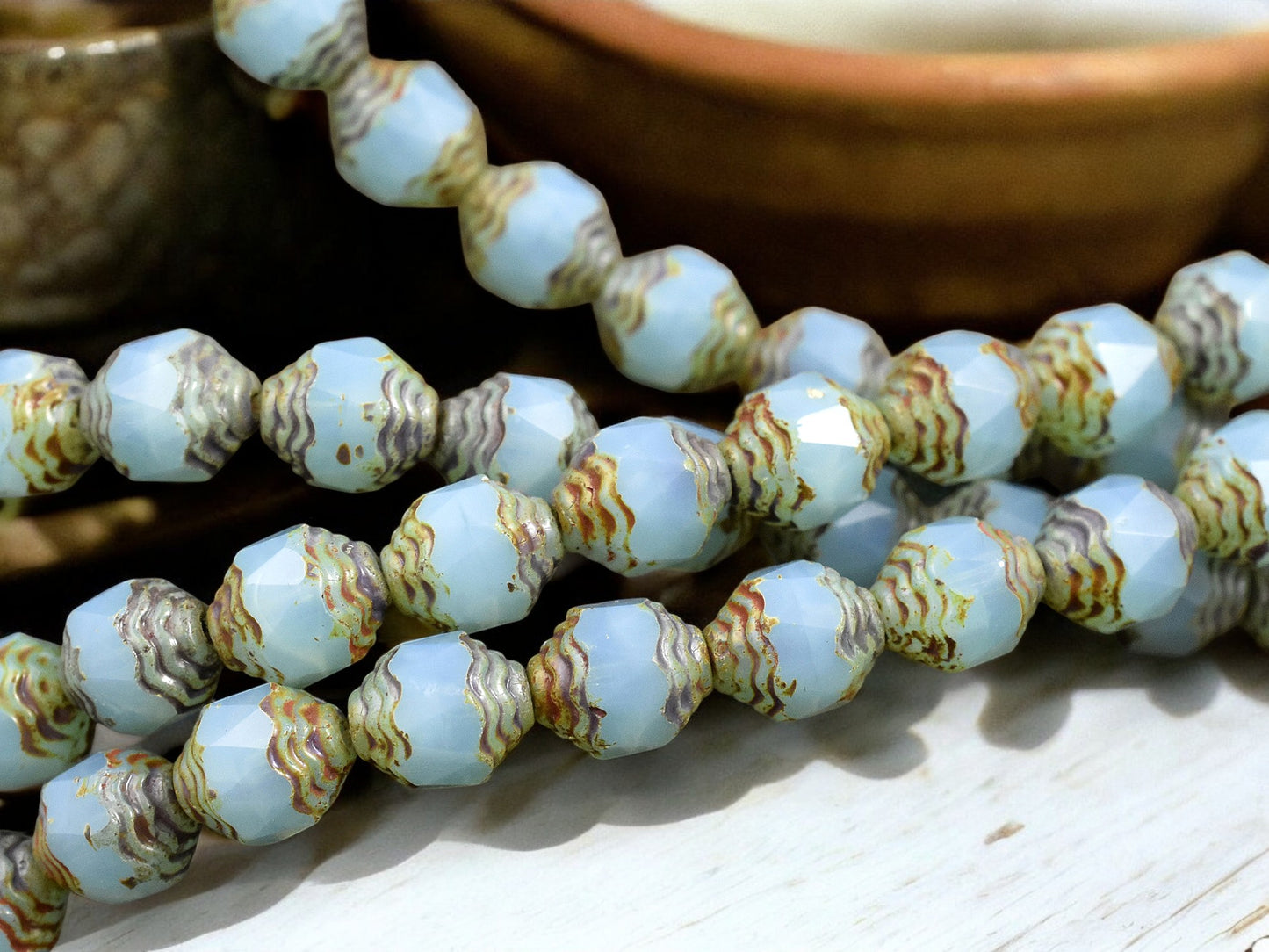 *15* 10x8mm Aqua Opaline Picasso Turbine Beads