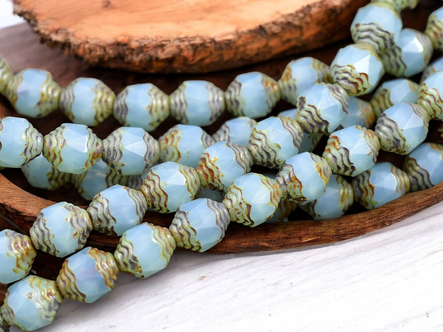*15* 10x8mm Aqua Opaline Picasso Turbine Beads