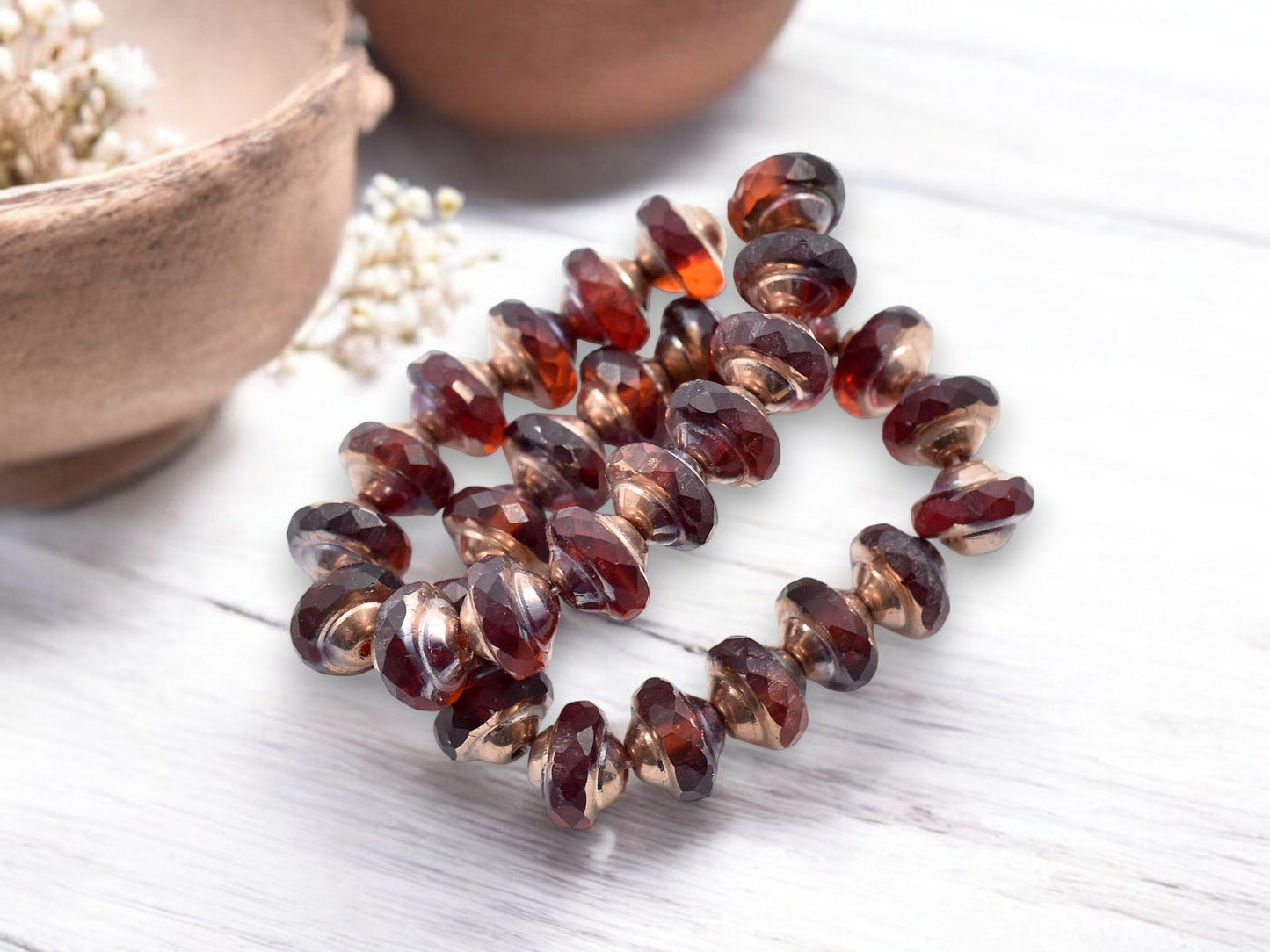 *15* 6x8mm Copper Washed Blended Ruby Red & Orange Saturn Beads