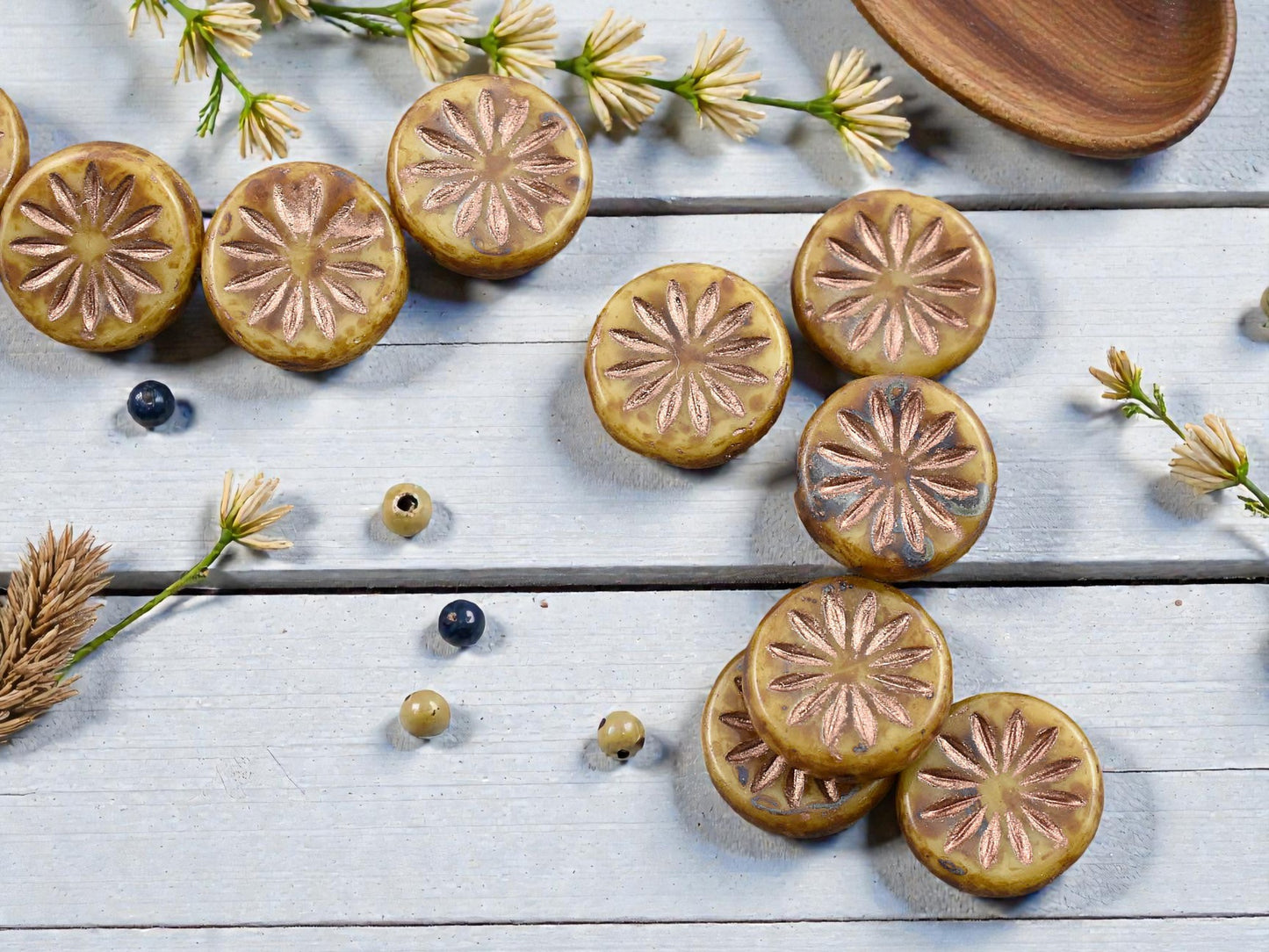 *15* 12mm Copper Washed Camel Brown Picasso  Aster Flower Coin Beads