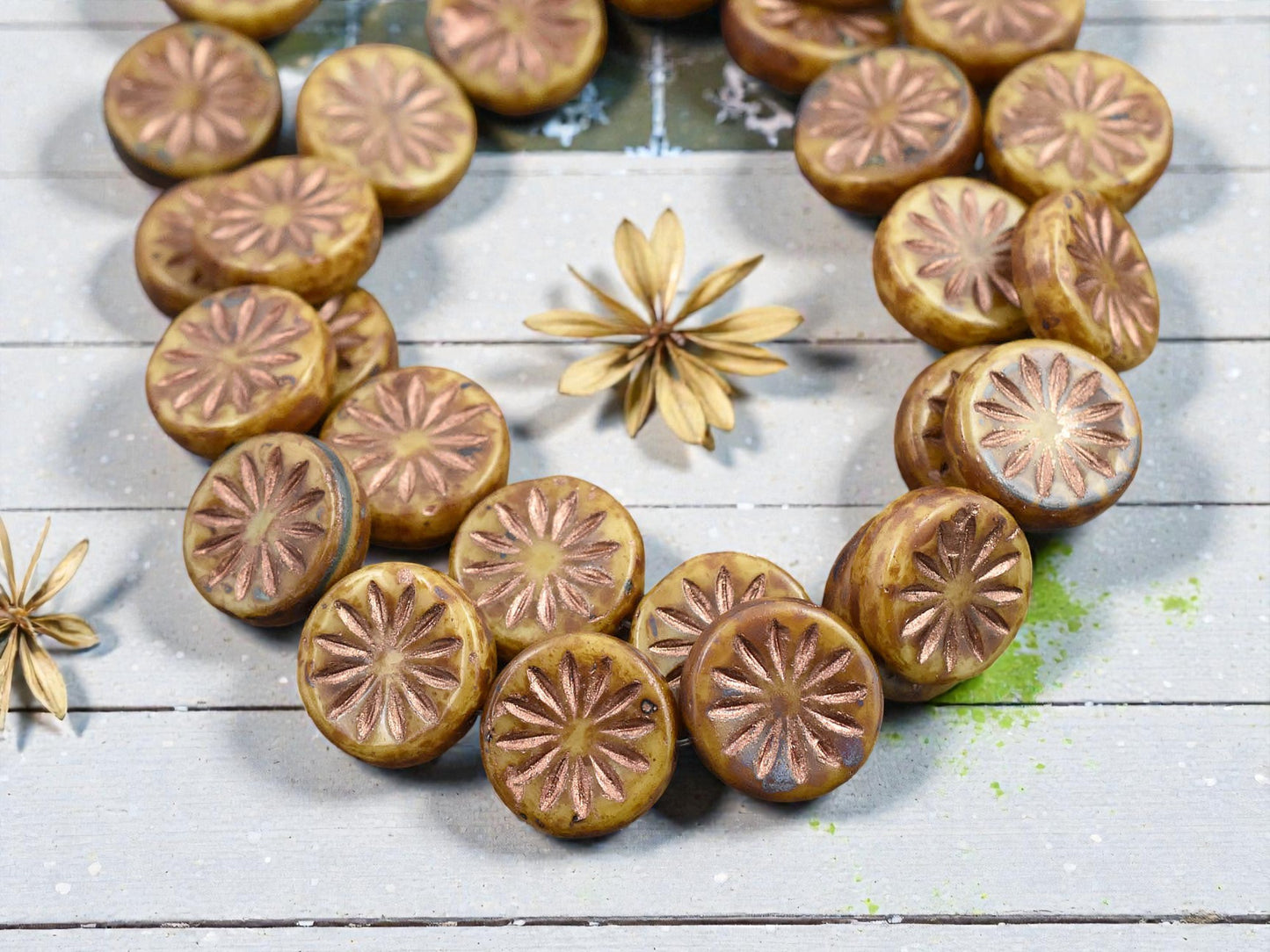 *15* 12mm Copper Washed Camel Brown Picasso  Aster Flower Coin Beads