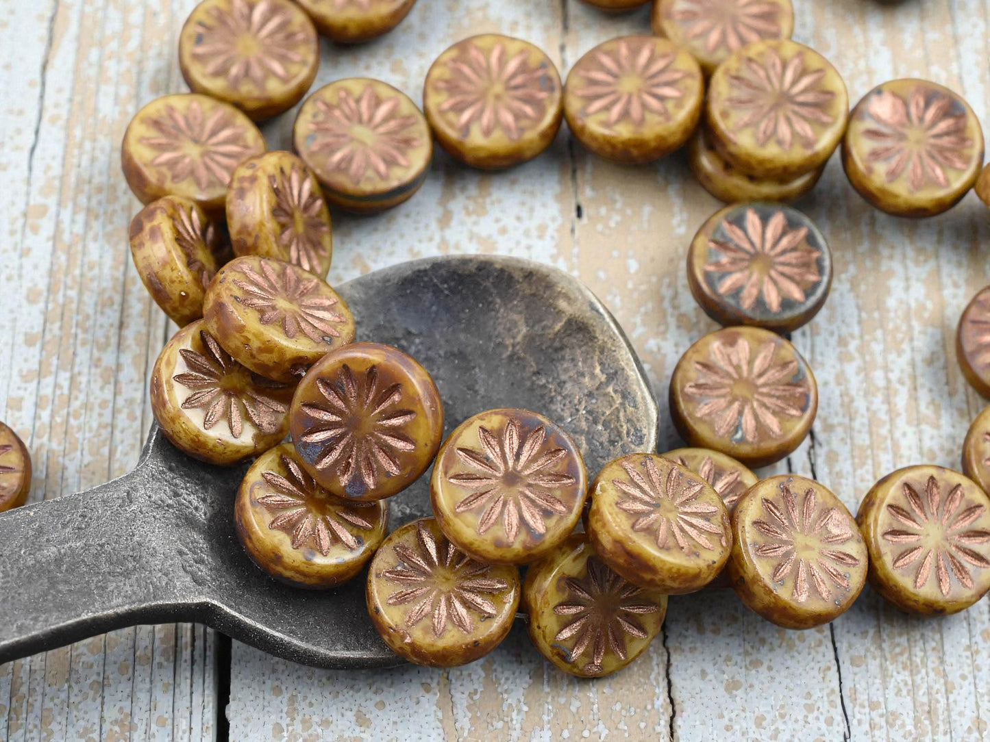*15* 12mm Copper Washed Camel Brown Picasso  Aster Flower Coin Beads