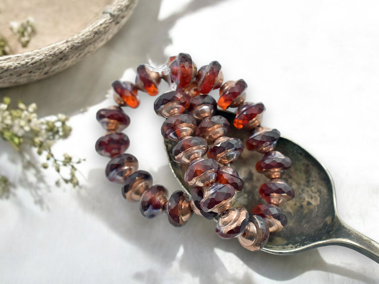 *15* 6x8mm Copper Washed Blended Ruby Red & Orange Saturn Beads