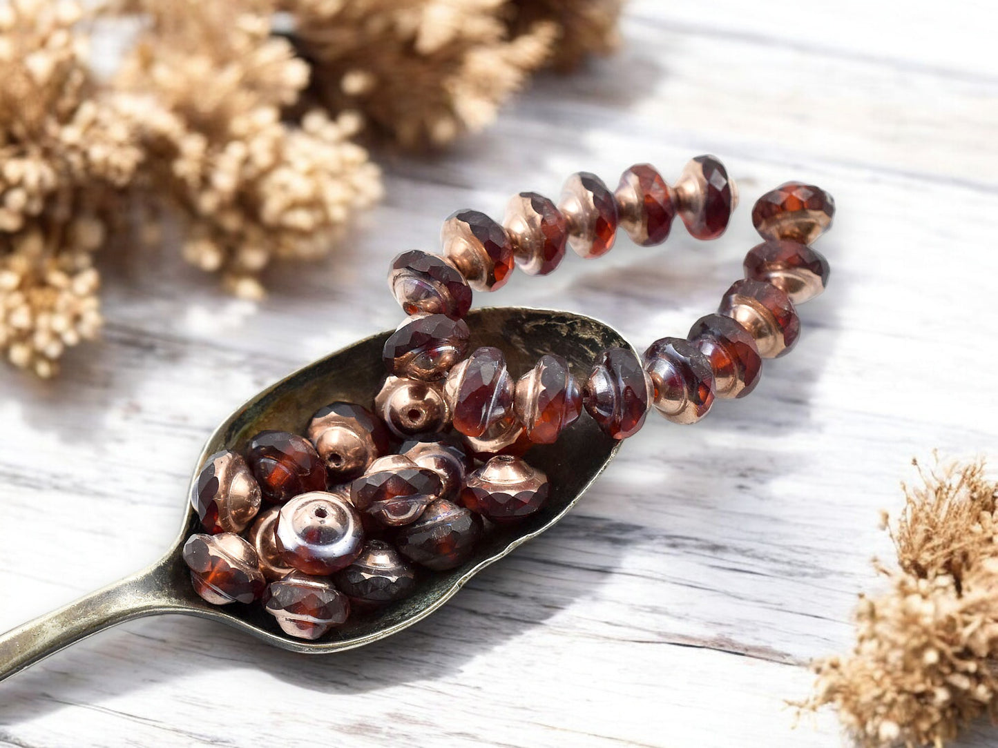 *15* 6x8mm Copper Washed Blended Ruby Red & Orange Saturn Beads